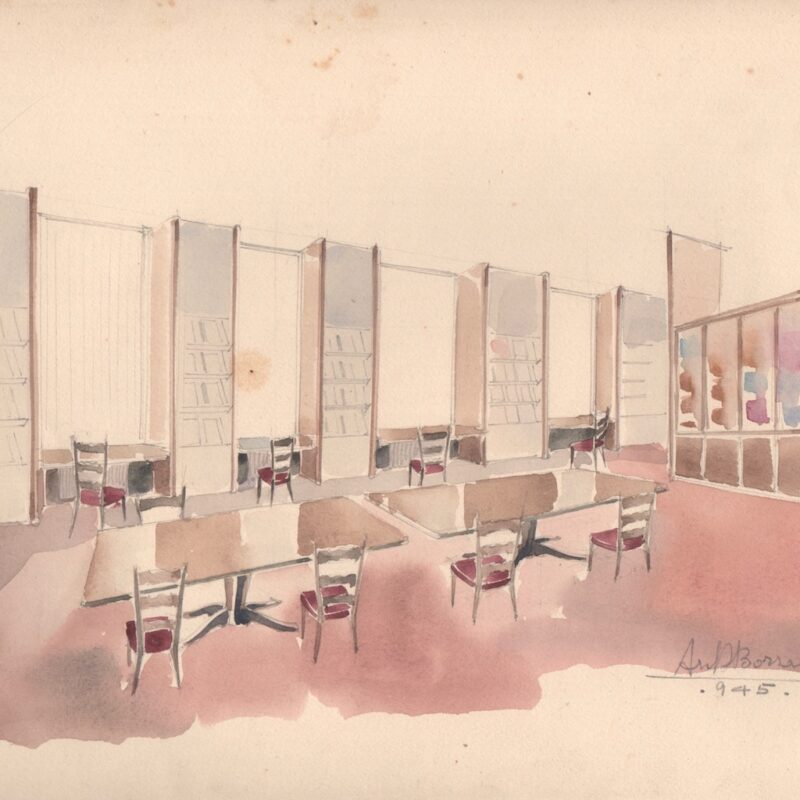 Biblioteca Farmitalia, via dei Gracchi Milano - acquarello e matita su cartoncino - 1945