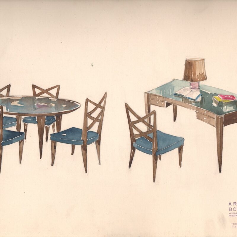 Sedie con tavolo e scrittoio - matita e acquarello su carta - metà anni trenta - cm. 47x30,5