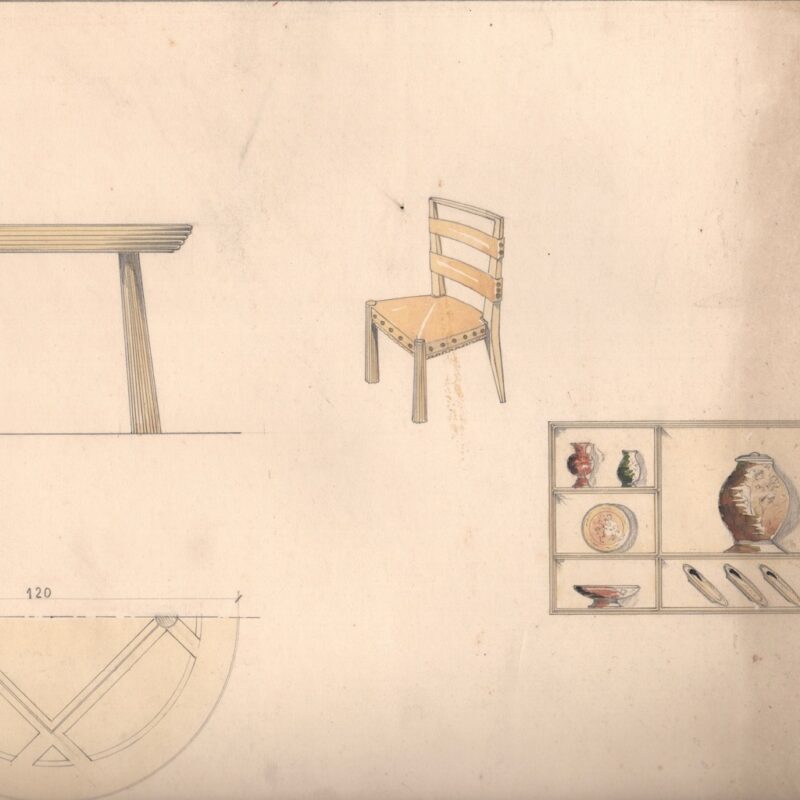 Studio di arredi, tavolo, sedia e scaffale - matita e acquarello su carta - metà anni trenta - cm.47x32