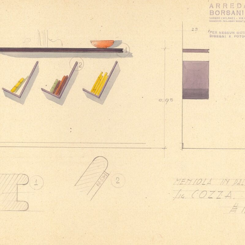 Mensola e portalibri in palissandro - matita e acquarello su carta - 1951 - cm. 31x24